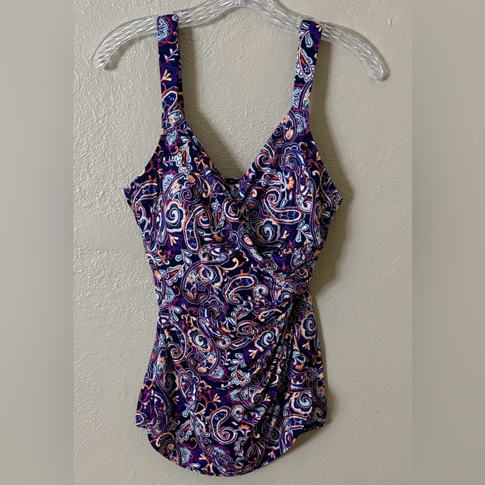 Lands End Swim Women’s One Piece Swim Dress Paisley Navy 10